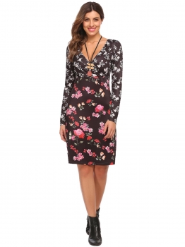 

Black 1 Cross V-Neck Long Sleeve Floral High Waist Loose Dress, Multicolor