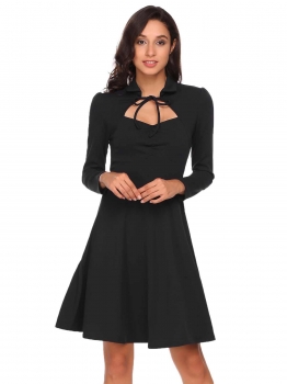 

Black Long Sleeve Solid High Waist A-Line Dress, Multicolor