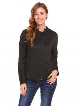 

Black Women Soft Shell Hooded Patchwork Zip Up Casual Jackets, Multicolor