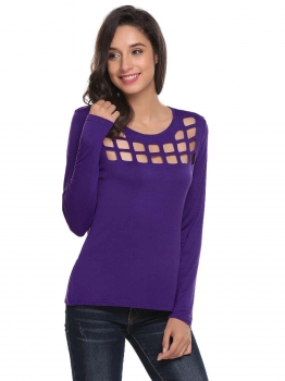 

Purple Women Fashion O-Neck Long Sleeve Solid Hollow Out T-Shirt, Multicolor
