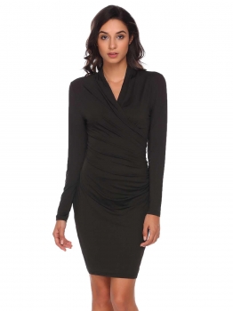 

Black Bodycon Ruched V-Neck Long Sleeve Solid Pencil Work Dress, Multicolor