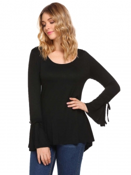 

Black O-Neck Long Trumpet Sleeve Solid Cuff Tie T-Shirt, Multicolor