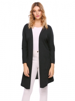 

Black Raglan Long Sleeve Knitted Solid Drape Open Casual Long Cardigan with Pocket, Multicolor