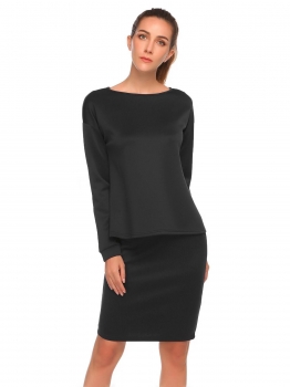 

Black 2 Pieces Drawstring Female Suit O Neck Long Sleeve Top & Knee Length Skirt Casual Set, Multicolor
