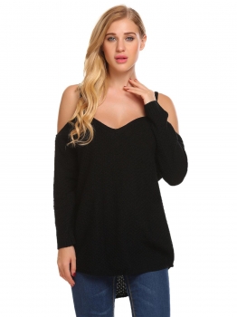

Black Women Casual V-Neck Long Sleeve Cold Shoulder Solid Warm Knit Sweater, Multicolor