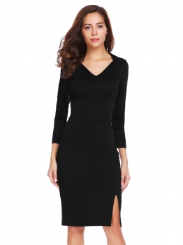 

Black V-Neck Long Sleeve Split Hem Slim Fit Business Party Bodycon Dress, Multicolor