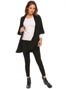 

Black Women Short Sleeve Flower-trimmed Open Front Cape Jacket, Multicolor