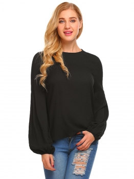 

Black Women Fashion O-Neck Long Puff Sleeve Solid Casual Tops, Multicolor