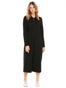 

Black Long Robe Sleepwear Sleeve Zip-Front Bathrobe with Pockets, Multicolor