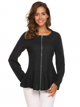 

Black Women Fashion O-Neck Long Sleeve Solid Zipper Slim Jacket, Multicolor