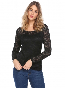 

Black Women Fashion Lace Long Sleeve Solid Slim Casual Top, Multicolor