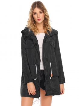

Black Women Casual Detachable Hooded Long Sleeve Lightweight Jacket, Multicolor