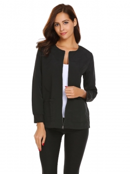 

Black Women Long Sleeve Zip Front Solid Casual Jacket with Pockets, Multicolor