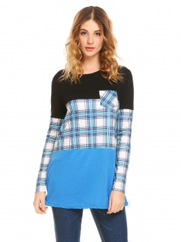 

Blue O-Neck Long Sleeve Plaid Patchwork Casual Tops with Pocket, Multicolor