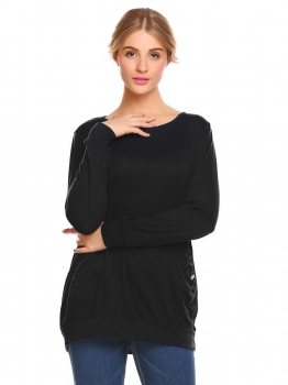 

Black Women Round Neck Long Sleeve Solid Casual Loose T-Shirt Blouse Tops, Multicolor