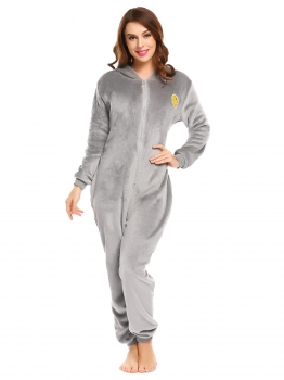 

Grey Onesie Pajamas Long Sleeve Embroidery Hooded Fleece Jumpsuit Nightwear, Multicolor