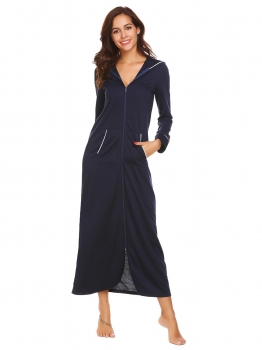

Navy blue Women Hooded Sleepwear Long Sleeve Zip Up Hoodie Robes with Pockets, Multicolor