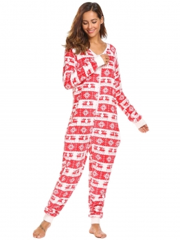 

White red Women Long Sleeve Fleece Onesie Pajama Christmas Print One Piece Sleepwear, Multicolor