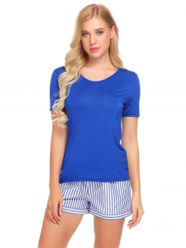 

Blue Women O-Neck Sleepwear Short Sleeve Sleep Shirt Striped Shorts Pajama Set, Multicolor