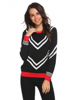 

Black Long Sleeve O Neck Jacquard Weave Contrast Color Thickening Sweaters, Multicolor