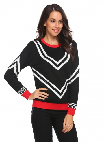 black long sleeve o neck jacquard weave contrast color