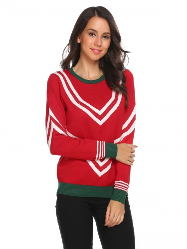 red long sleeve o neck jacquard weave contrast color thickening