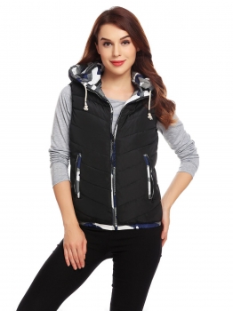

Black Women Drawstring Hooded Zip Up Patchwork Casual Down Vest with Pockets, Multicolor