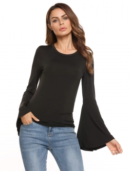 

Black Long Bell Sleeve O-Neck Slim Fit Casual Tops, Multicolor