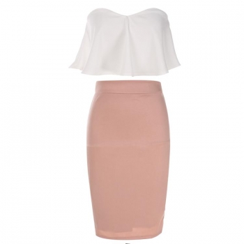 

Off the Shoulder Ruffle Crop Tops and Solid Pencil Skirt Set, Multicolor