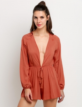 

Brown Deep V-Neck Long Sleeve Elastic Waist Fit Romper, Multicolor