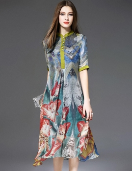 

ELENYUN Stand Collar Half Sleeve Floral Print A-Line Dress, Multicolor