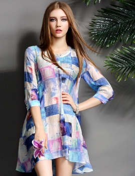 

ELENYUN 3"4 Sleeve Print Asymmetrical A-Line Short Dress, Multicolor