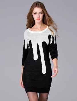 

FANTIOW Casual Contrast Color O-Neck Three Quarter Sleeve Slim Wool Blend Dress, Multicolor