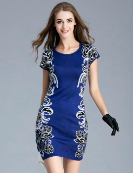 

FANTIOW O-Neck Short Sleeve Prints Slim Pullover Dress, Multicolor