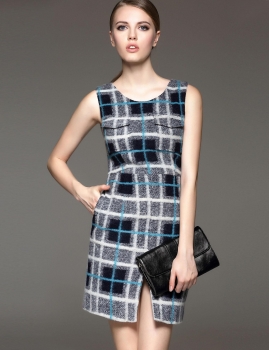 

FANTIOW O-Neck Plaid Front Split Wool Blend Vest Dress with Lining, Multicolor