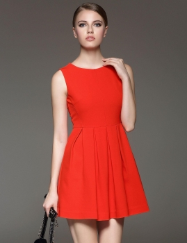

FANTIOW O-Neck Solid Tunic Pleated Vest Dress with Lining, Multicolor