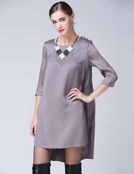 

FANTIOW O-Neck Three Quarter Sleeve Patchwork Loose Asymmetrical Hem Pullover Dress, Multicolor