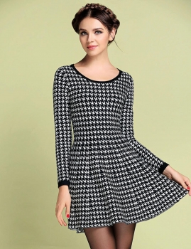 

FANTIOW Slim Long Sleeve Houndstooth A-line Party Dress, Multicolor
