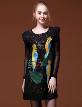 

FANTIOW O-Neck Embroidery Pullover Lace Patchwork Wool Blend Vest Dress, Multicolor