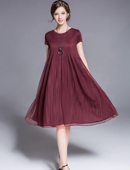 

KK2 Women Short Sleeve Plus Size Round Collar Solid Loose Pleated Dress, Multicolor