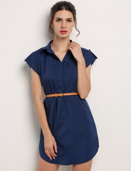 

Navy blue Cap Sleeve Stretch Chiffon Shirt Dress With Casual Belt, Multicolor