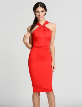

Red Halter Collar Sleeveless Bodycon Solid Going Out Dresses, Multicolor
