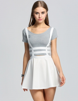 

Pleated Suspender Hollow Out Bandage Mini Skater Skirt, White