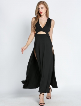 

Black Sexy Sleeveless V-neck Hollow Out Maxi Party Cocktai Dress, Multicolor