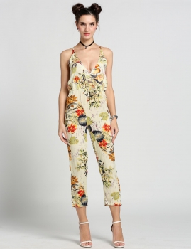 

Backless Elastic Waist Adjustable Strap Flower Print Jumpsuits, Multicolor