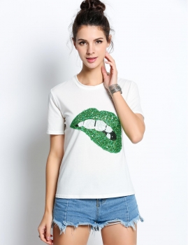 

Green Sequin Decoration O-neck Short Sleeve Patchwork Casual T-shirt, Multicolor