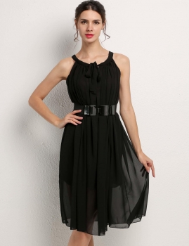 

Loose Chiffon Halter Sleeveless A-Line Casual Dress with Belt, Multicolor
