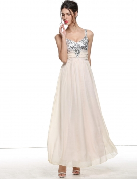 

Beige Chiffon Strap V-Neck Sequins High Waist Wedding Bridesmaid Dresses, Multicolor