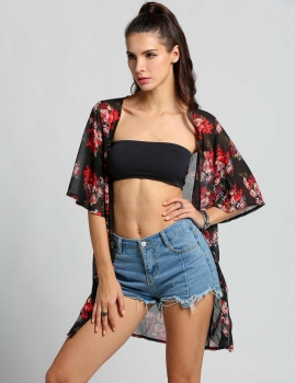 

Half Sleeve Print Loose Chiffon Long Kimono, Multicolor