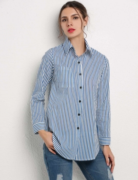 

Blue&White Stripes Turn-down Collar Long Sleeve Vertical Shirt, Multicolor